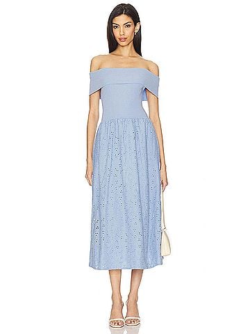 Astr Mixed Media Off Shoulder Dress in Blue (view 2)