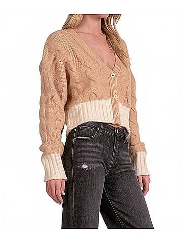 Elan Logan Color Block Cardigan in Tan/Natural (view 2)