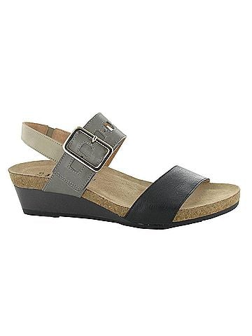 Naot Women's Dynasty Wedge Sandal in Soft Black Leather / Foggy Grey Leather (view 1)