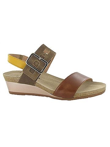 Naot Women's Dynasty Wedge Sandal in Maple Brown/Antique Brown/Marigold (view 1)