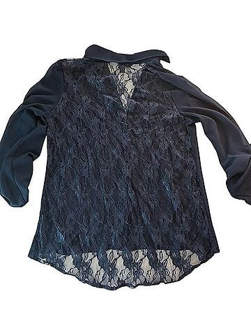 Studio Y Navy Lace-Back Button-Down Blouse Short Sleeve T-Shirt (view 2)