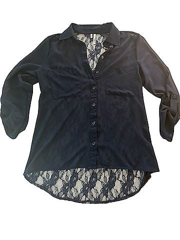 Studio Y Navy Lace-Back Button-Down Blouse Short Sleeve T-Shirt (view 1)