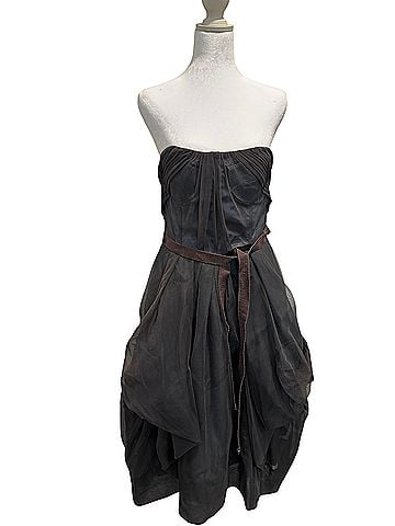 BCBGMAXAZRIA Strapless Charcoal Gray Bubble-Hem Dress with Brown Sash Cocktail Dress (view 1)