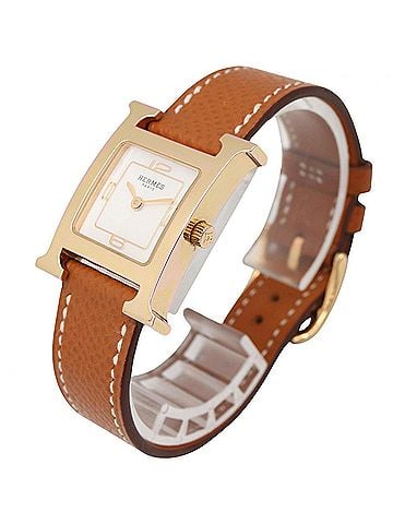 Hermès Hermes H-Watch White Shell Wristwatch, Gold Plated Leather Strap, Women's, (HH1.202c) (view 2)