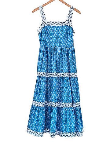 J.Crew Factory Store Block Print Square Neck Smocked Floral Tiered Midi Dress Casual Dress (view 1)