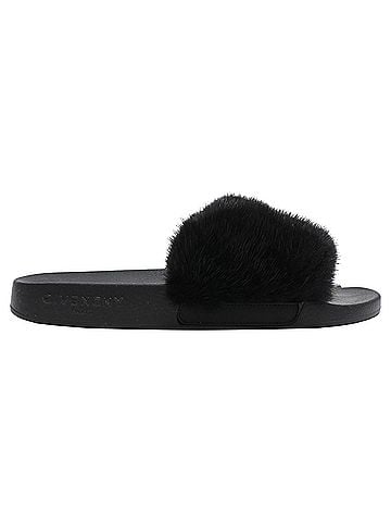 Givenchy Givenchy Fur Trim Slides in Black Rubber (view 1)