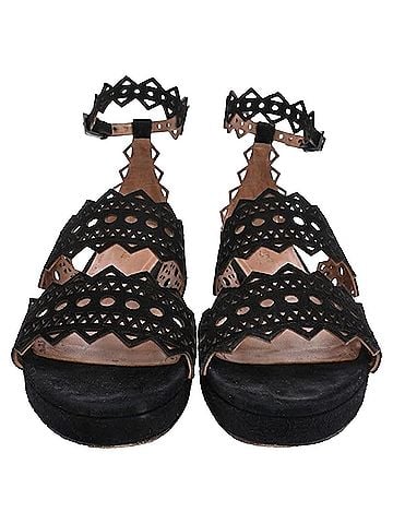 Alaïa Alaïa Laser Cut Open Toe Flat Sandals in Black Suede (view 2)