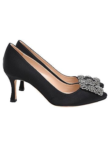 Manolo Blahnik Manolo Blahnik Hangisi 70 Embellished Pumps in Black Satin (view 1)