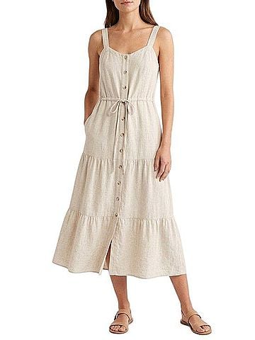 Lucky Brand Lucky Linen Blend Smoked Tiered Midi Dress Casual Dress (view 1)