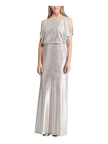 Lauren by Ralph Lauren Metallic Shimmer Flutter Cold-Shoulder Maxi Evening Gown Cocktail Dress (view 1)