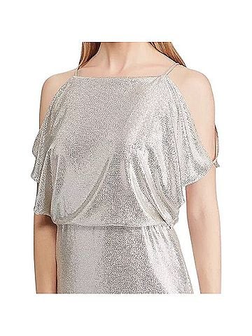 Lauren by Ralph Lauren Metallic Shimmer Flutter Cold-Shoulder Maxi Evening Gown Cocktail Dress (view 2)
