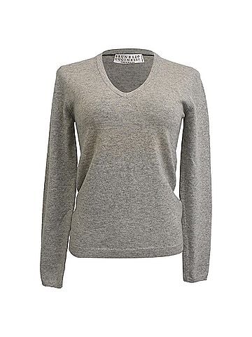 Brunello Cucinelli Brunello Cucinelli V-Neck Elbow-Patch Sweater in Grey Cashmere (view 1)