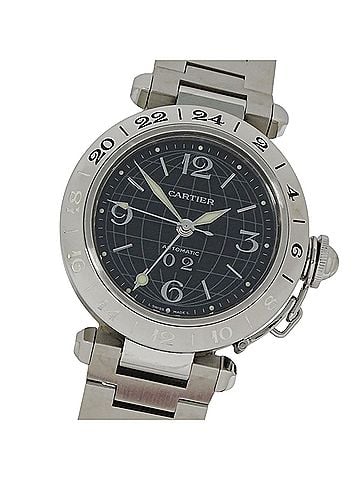 Cartier Cartier Pasha C Meridian GMT Date Automatic Watch for Boys, Stainless Steel (SS) W31049M7, Silver &amp; Black (view 1)