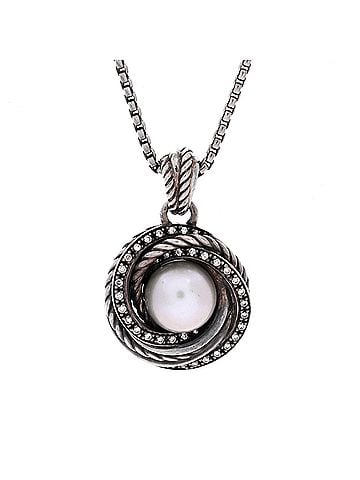 David Yurman Crossover Pendant Necklace Sterling Silver with Pearl and Diamonds 10mm (view 1)