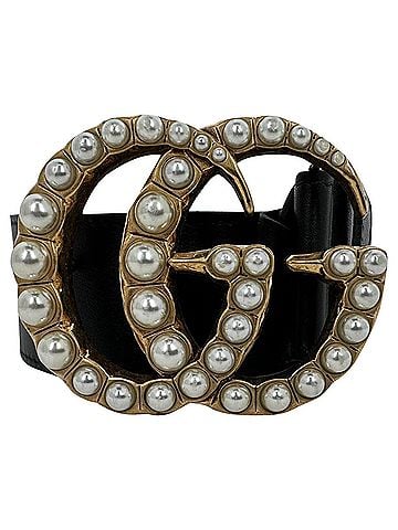 Gucci Gucci GG Marmont Faux Pearl 85 CM Buckle Belt in Black Leather (view 1)