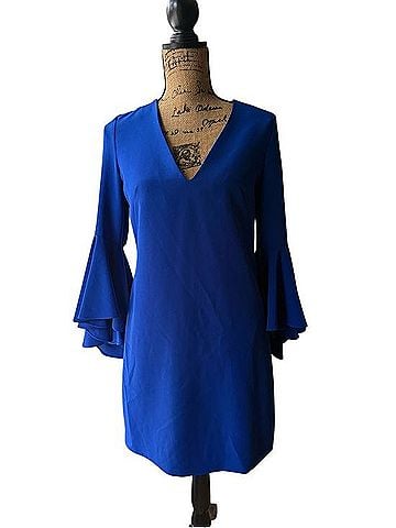 Milly Cobalt V-Neck Layered Bell-Sleeve Mini Dress Casual Dress (view 1)