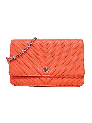 Chanel Chanel Wallet/Shoulder Wallet, V-stitch Chain Shoulder Bag, Lambskin, Orange, Women's (view 1)
