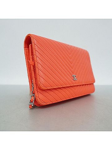 Chanel Chanel Wallet/Shoulder Wallet, V-stitch Chain Shoulder Bag, Lambskin, Orange, Women's (view 2)