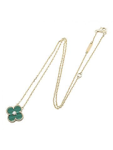 Van Cleef & Arpels Van Cleef &amp; Arpels Vintage Alhambra Malachite 1PD Necklace - 18K (Yellow Gold) with Diamond and Women's Gold Tone, Green Clear Tone (view 2)