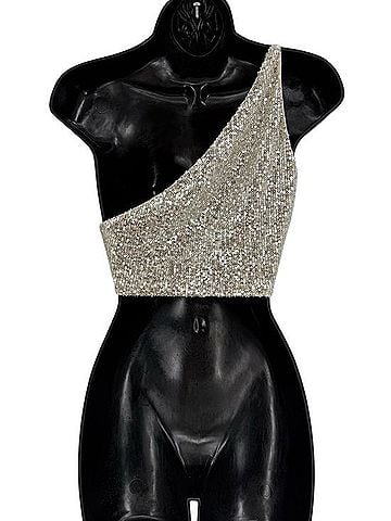 Dizzy Lizzy Sequin One Shoulder Asymmetric Handkerchief Crop Top Tank Top (view 2)
