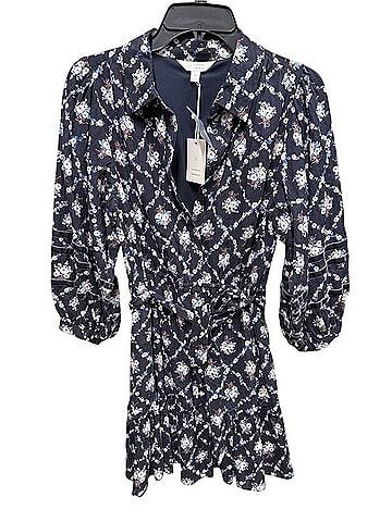 LC Lauren Conrad Navy Floral Lattice Tie-Waist Shirt Dress Casual Dress (view 1)