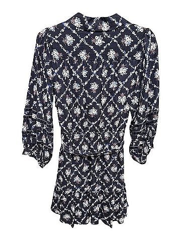 LC Lauren Conrad Navy Floral Lattice Tie-Waist Shirt Dress Casual Dress (view 2)