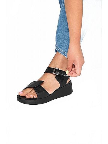 Aetrex Women's Ariel Adjustable Quarter Strap Wedge Sandals in Black (view 2)