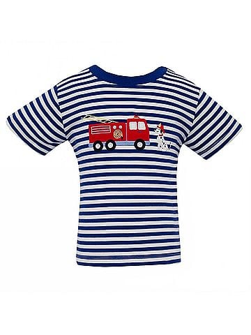 Anavini Boy's Stripe Knit Firetruck Applique Short Sleeve Tee in Navy (view 1)