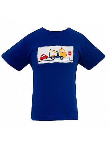 Anavini Boy's Tow Truck Smocked Short Sleeve Tee in Royal Blue (view 1)