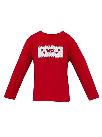 Anavini Kid's Valentines Plane Smocked Long Sleeve Knit Shirt in Red (view 1)