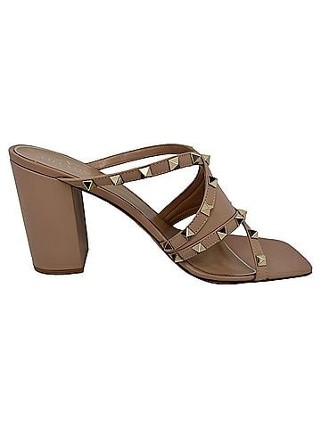 Mario Valentino Valentino Garavani Rockstud Heeled Mules in Beige Leather (view 1)