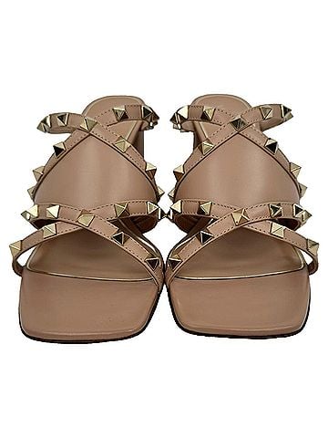 Mario Valentino Valentino Garavani Rockstud Heeled Mules in Beige Leather (view 2)