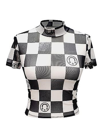 HUGO BOSS HUGO Dalorra Checkered Print Mesh Crop Top in Multicolor Polyester (view 1)