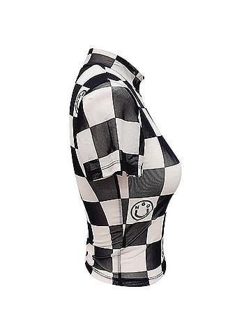 HUGO BOSS HUGO Dalorra Checkered Print Mesh Crop Top in Multicolor Polyester (view 2)