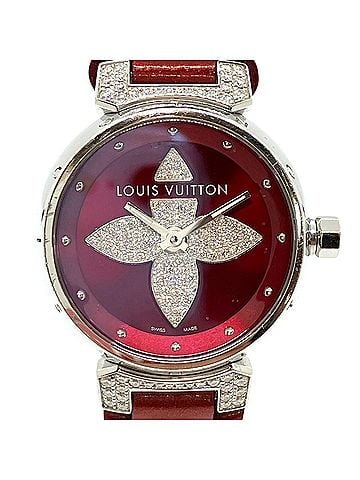 Louis Vuitton Louis Vuitton Tambour Forever watch with diamond lugs, total weight 36.5g, stainless steel, genuine leather strap, diamonds, quartz movement, red dial, Q121L (view 1)