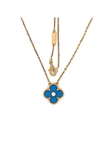Van Cleef & Arpels Vintage Alhambra Pendant Necklace 18K Yellow Gold and Blue Sevres Porcelain with Diamond (view 2)