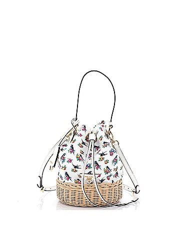 Prada Drawstring Bucket Bag Printed Canvas and Wicker Small (view 1)