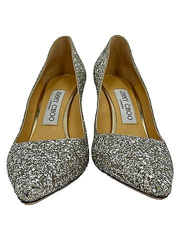 Jimmy Choo Jimmy Choo Romy 85 Glitter Pumps in Silver Leather (view 2)