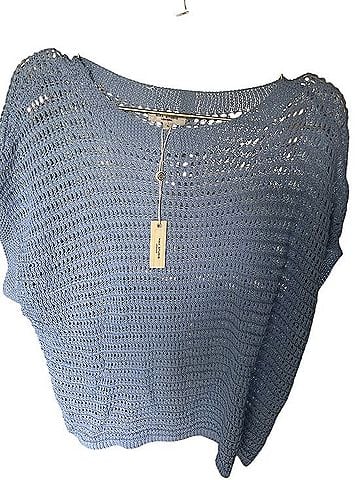 Max Studio London Sky Blue Open-Knit Scoop Neck Pullover Pullover Sweater (view 1)