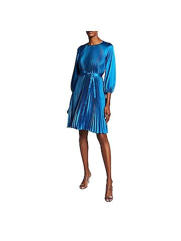 Teri Jon by Rickie Freeman Rickie Freeman for Teri Jon Blouson-Sleeve Pleated Satin Dress in Peacock Cocktail Dress (view 1)