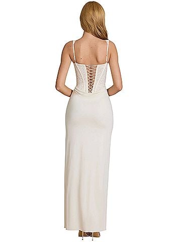 Oh Polly Oh Polly Zalia Lace Corset Maxi Dress in Pearl Cocktail Dress (view 2)