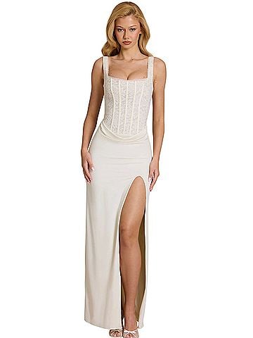 Oh Polly Oh Polly Zalia Lace Corset Maxi Dress in Pearl Cocktail Dress (view 1)