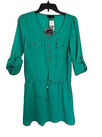 LovPosh Teal Drawstring V-Neck Mini Dress Casual Dress (view 1)