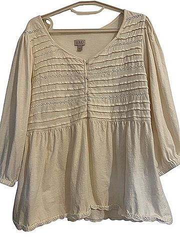 LOGO by Lori Goldstein Lace-Trim Pintuck Peasant Tunic Long Sleeve T-Shirt (view 1)