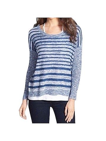 Eileen Fisher Striped Blue Contrast Pullover Sweater (view 1)