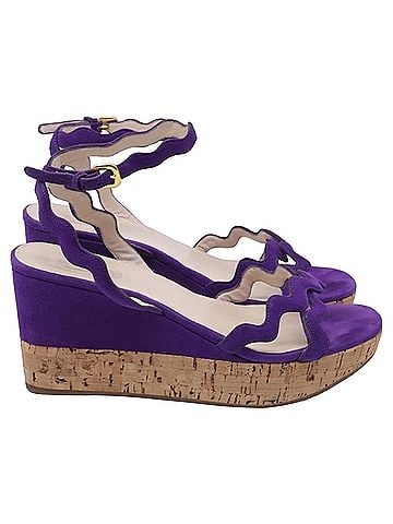 Prada Prada Wavy Strap Accent Wedge Sandals in Violet Suede (view 1)