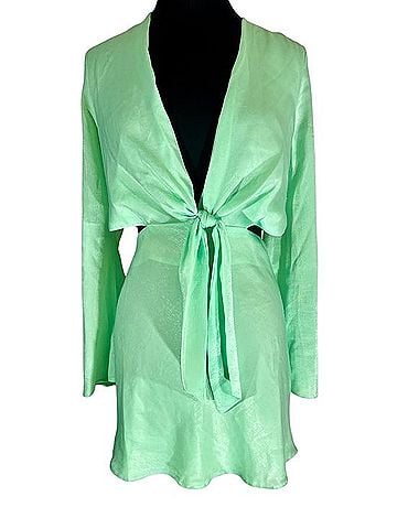 ASOS Neon Lime Tie-Front Mini Cut Out Side Back Bell Sleeve Dress Casual Dress (view 1)