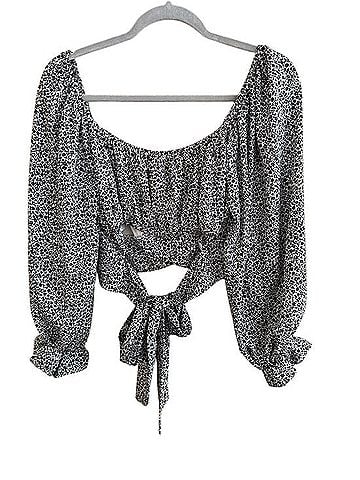 Altar'd State Black and White Floral Tie-Back Peasant Blouse Short Sleeve T-Shirt (view 2)