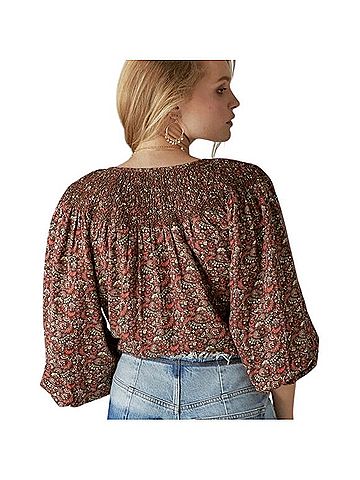 Lucky Brand Printed Smocked Boho Peasant Blouse Short Sleeve T-Shirt (view 2)