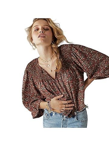 Lucky Brand Printed Smocked Boho Peasant Blouse Short Sleeve T-Shirt (view 1)